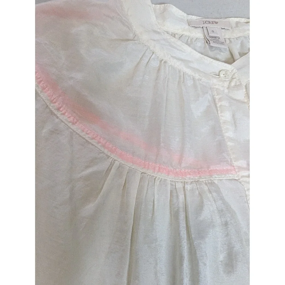 J. Crew Ivory Silk Cotton Babydoll Blouse Pink Trim Puff Sleeve Sz 0